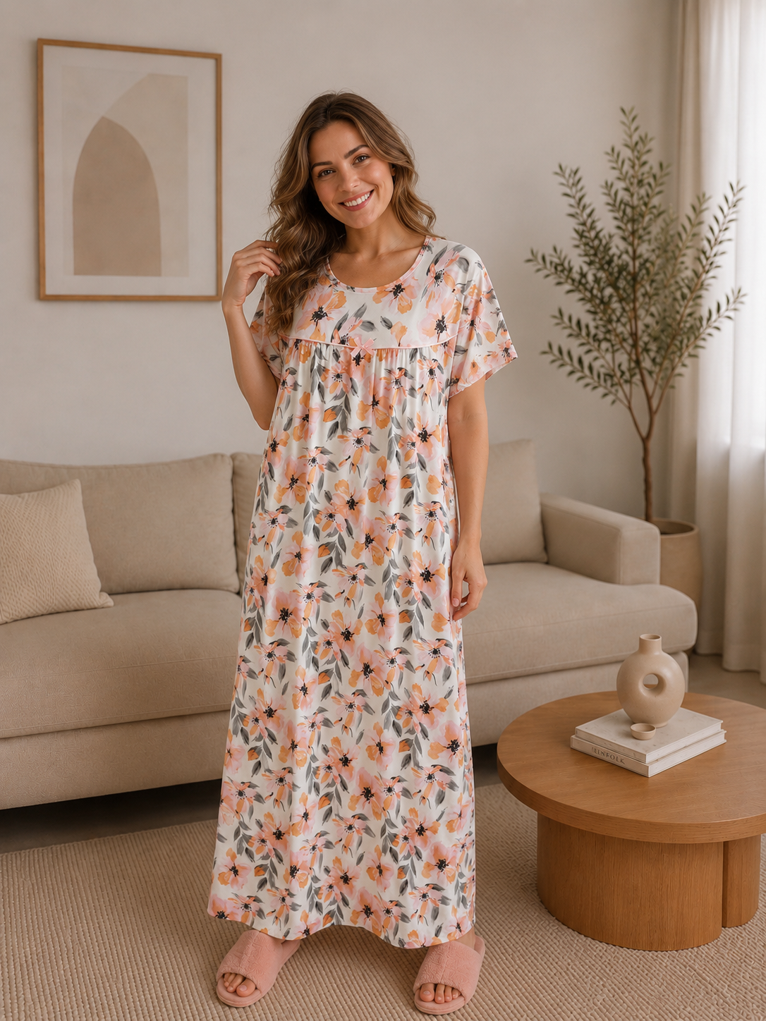 جلابيه نص كم  ورد اورانج